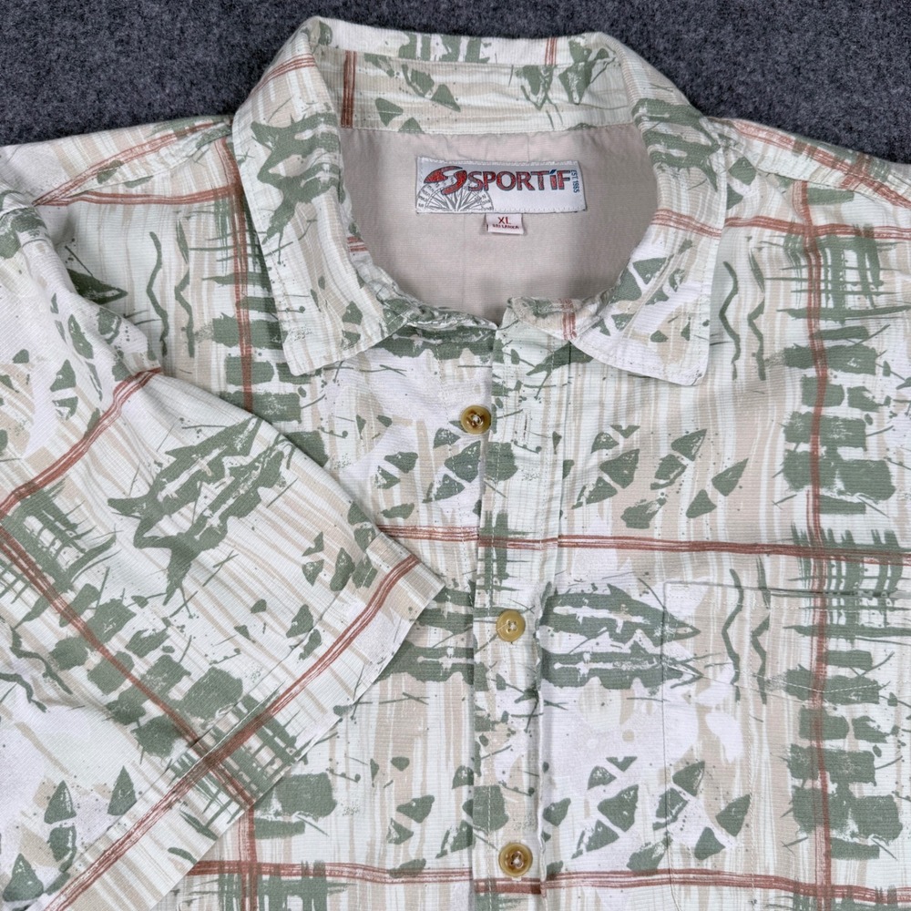 VINTAGE Y2K Sportif Mens XL Abstract Fish Print Short Sleeve Button Down Shirt